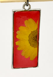 Real Flowers in Resin Pendant - Yellow Daisy 💛 over Translucent Red Resin ❤️ • Gold Frame