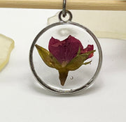 Real Flowers in Resin Pendant - Rose Bud in Clear Resin • Silver Frame