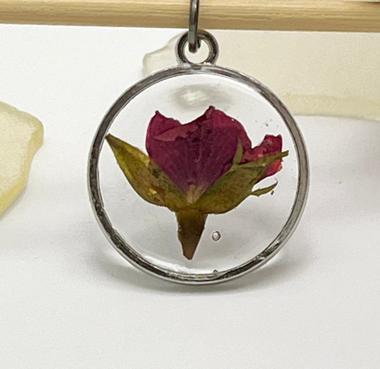 Real Flowers in Resin Pendant - Rose Bud in Clear Resin • Silver Frame