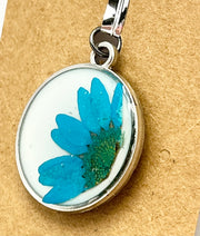 Real Flowers in Resin Pendant - Blue flower 💙 over White 🤍, Silver Frame