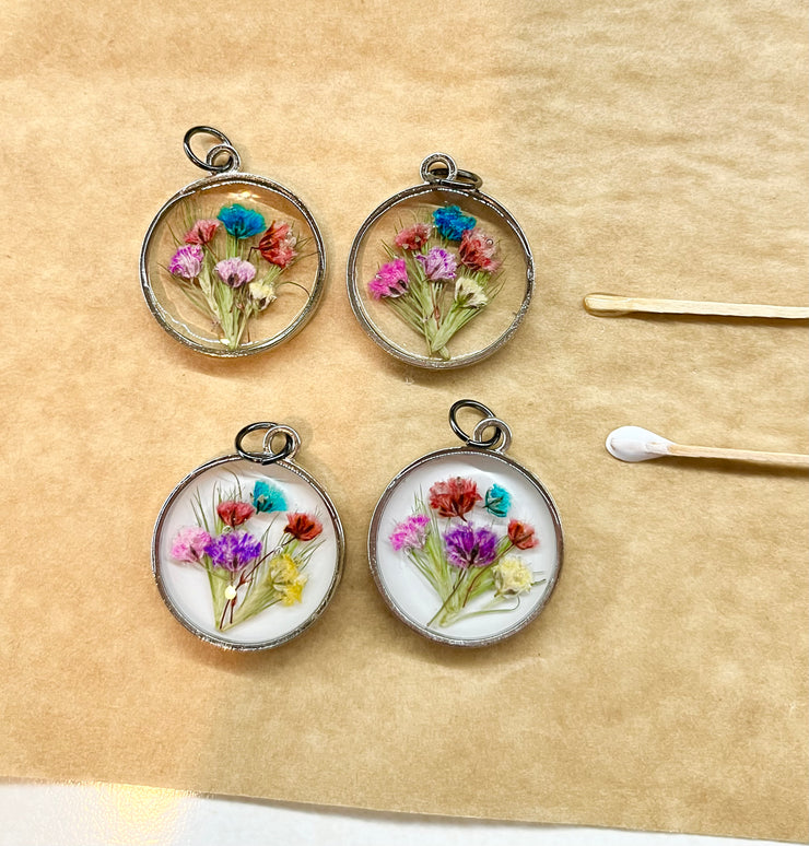 Real Flowers in Resin Pendant - Happy Flower Bouquet 💐 over Clear Resin • Silver Frame