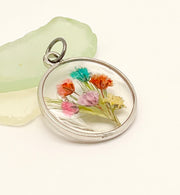 Real Flowers in Resin Pendant - Happy Flower Bouquet 💐 over Clear Resin • Silver Frame