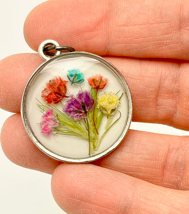 Real Flowers in Resin Pendant - Happy Flower Bouquet 💐 over 🤍 White Resin • Silver Frame