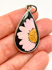 Real Flowers in Resin Pendant - Ballerina Pink Daisy 💕over Black 🖤, Silver Frame