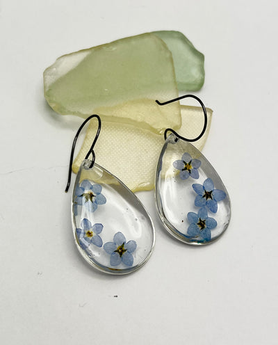 Real Flowers EARRINGS 💜 Forget-me-nots over Clear • Silver frame