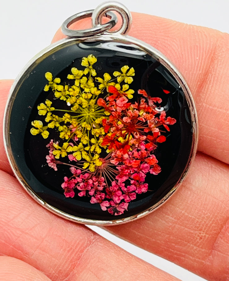 Real Flowers in Resin Pendant - Red, Yellow, Pink flowers 🌺🌸💛over Black 🖤, Silver Frame