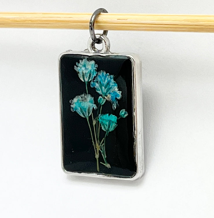 Real Flowers in Resin Pendant - 💙Flower over Black Resin • Silver Frame