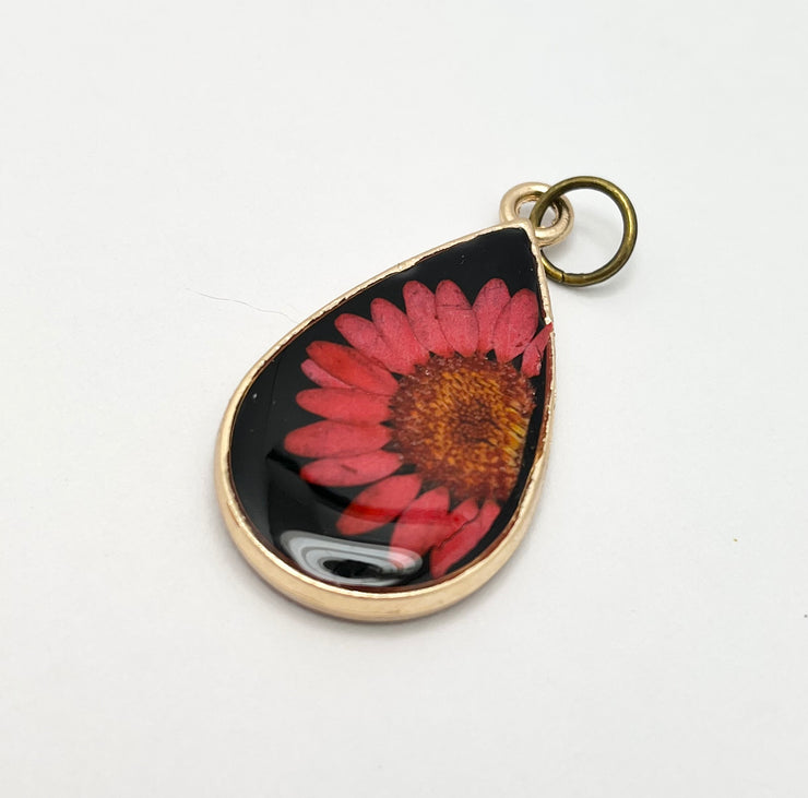 Real Flowers in Resin Pendant - Red Daisy ♥️ over Black 🖤, Gold Frame