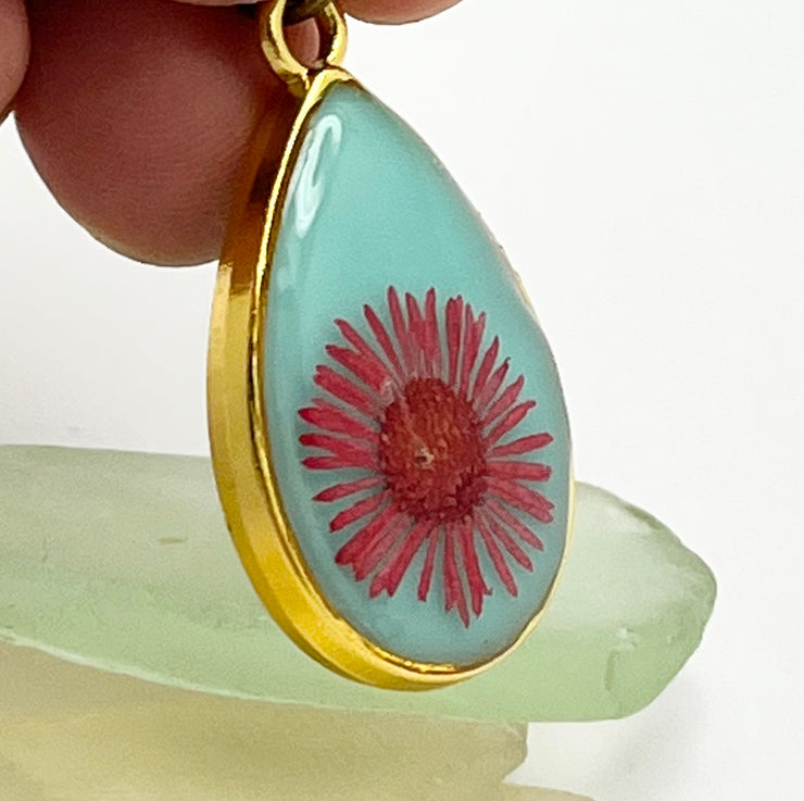 Real Flowers in Resin Pendant - ❤️+ Turquoise Background with With Gold Frame