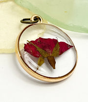 Real Flowers in Resin Pendant - Rose Bud in Clear Resin • Gold Frame