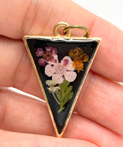 Real Flowers in Resin Pendant - Delicate Bouquet 💐 over Black 🖤, Gold Frame