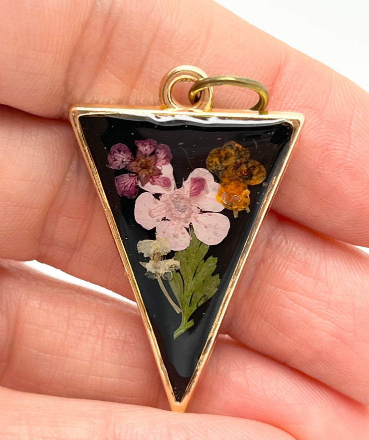 Real Flowers in Resin Pendant - Delicate Bouquet 💐 over Black 🖤, Gold Frame