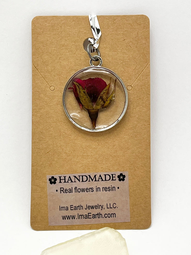 Real Flowers in Resin Pendant - Rose Bud in Clear Resin • Silver Frame