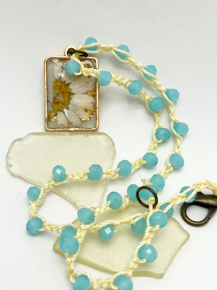 Real Flowers in Resin Necklace (short/choker) - Cream and Light Blue | Gold Frame