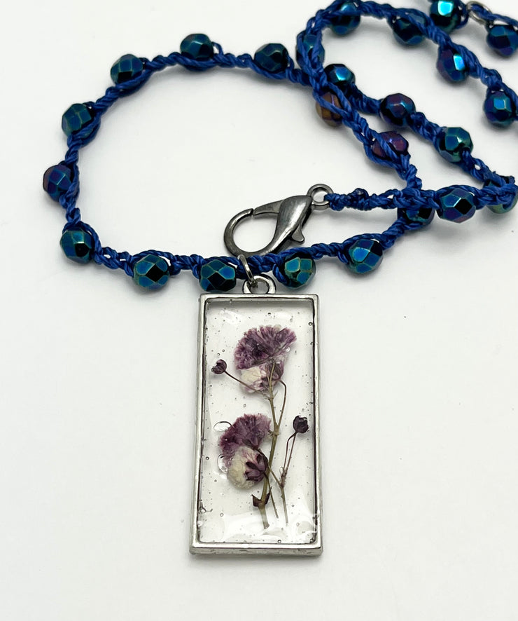 Real Flowers in Resin Necklace (short/choker) - Purple Flowers 💜 over Clear | Silver Frame