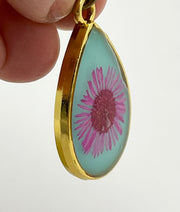 Real Flowers in Resin Pendant - 🌸+ Turquoise Resin with With Gold Frame