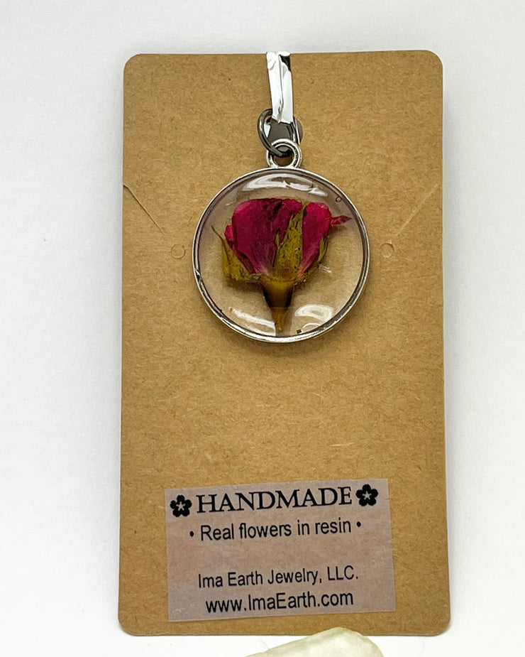 Real Flowers in Resin Pendant - Rose Bud in Clear Resin • Silver Frame