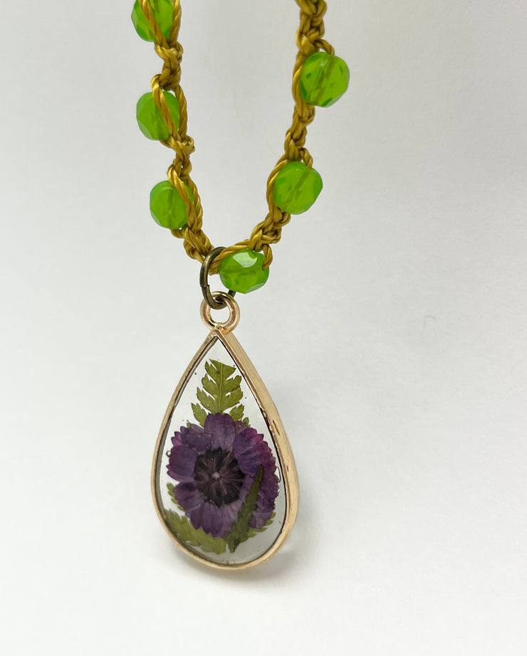 Real Flowers in Resin Necklace (short/choker) - Purple over Clear 💜 with Moss Green | Gold Frame