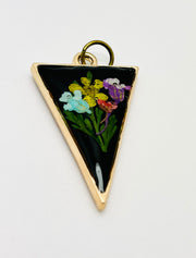 Real Flowers in Resin Pendant - Delicate Bouquet 💐 over Black 🖤, Gold Frame