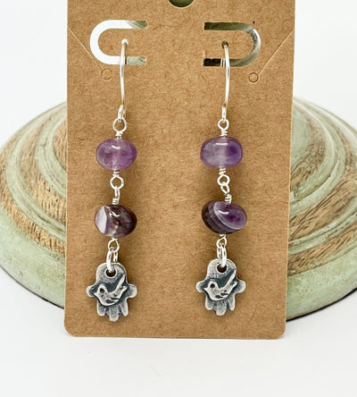 Hamsa Dove Amethyst Earrings