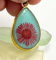 Real Flowers in Resin Pendant - ❤️+ Turquoise Background with With Gold Frame