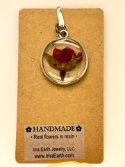 Real Flowers in Resin Pendant - Rose Bud in Clear Resin • Silver Frame