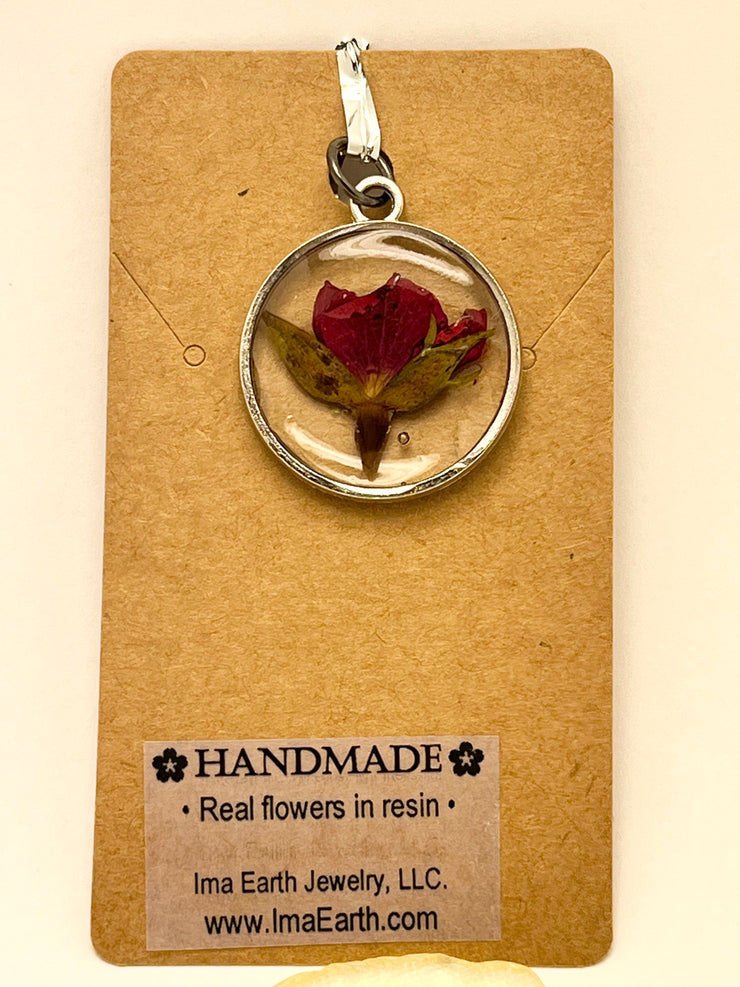 Real Flowers in Resin Pendant - Rose Bud in Clear Resin • Silver Frame