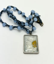 Real Flowers in Resin Necklace (short/choker) - Denim, Sky Blue and White | Silver Frame