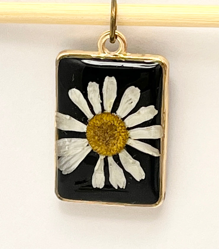 Real Flowers in Resin Pendant - 🤍 Echinacea Flower over Black Resin • Gold Frame