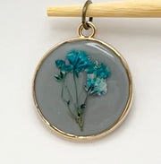 Real Flowers in Resin Pendant -Blue/Turquoise Flowers over Grey Resin, Gold Frame