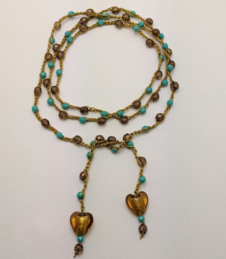 Bohemian Chic Lariat - Sandy Beach - In gold tones and turquoise