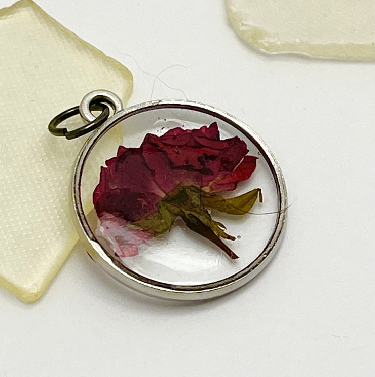 Real Flowers in Resin Pendant - Rose Bud in Clear Resin • Silver Frame