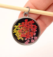 Real Flowers in Resin Pendant - Red, Yellow, Pink flowers 🌺🌸💛over Black 🖤, Silver Frame