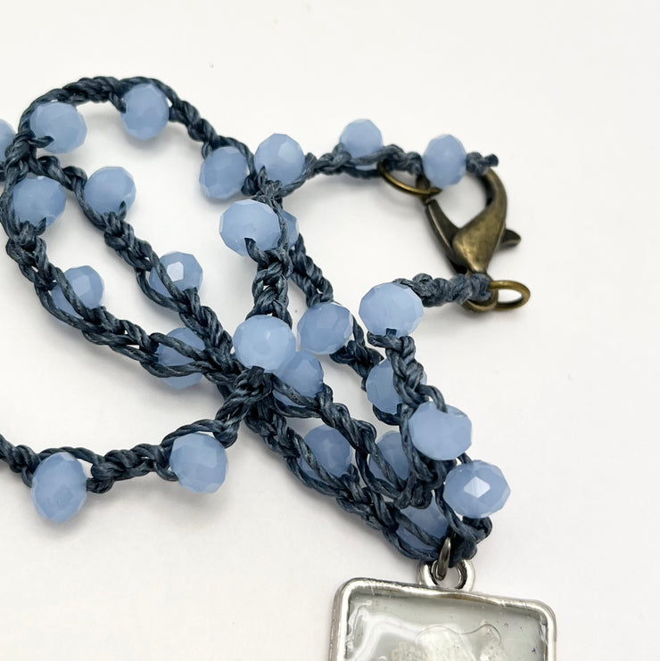 Real Flowers in Resin Necklace (short/choker) - Denim, Sky Blue and White | Silver Frame