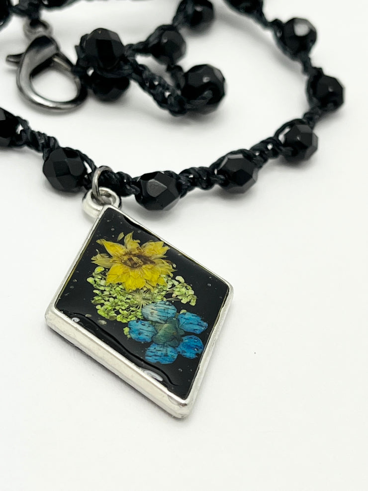 Real Flowers in Resin Necklace (short/choker) - Yellow • Blue • Green Flowers 💛💙💚 over Black 🖤 | Silver Frame