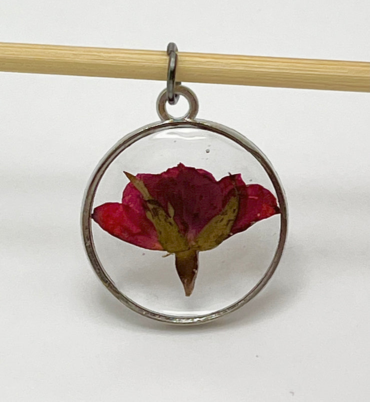 Real Flowers in Resin Pendant - Rose Bud in Clear Resin • Silver Frame