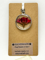 Real Flowers in Resin Pendant - Rose Bud in Clear Resin • Silver Frame