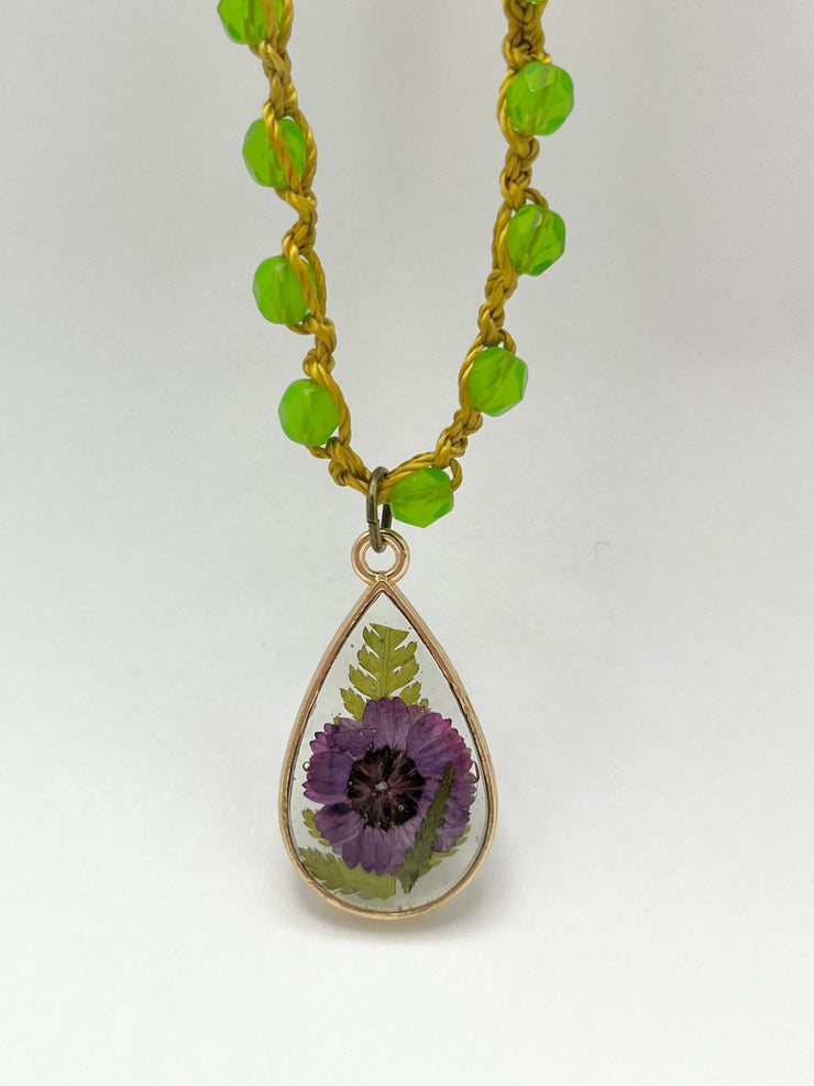 Real Flowers in Resin Necklace (short/choker) - Purple over Clear 💜 with Moss Green | Gold Frame