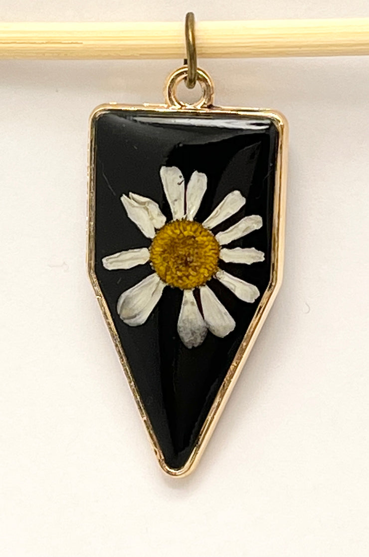 Real Flowers in Resin Pendant - 🤍 Echinacea Flower over Black Resin • Gold Frame