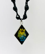 Real Flowers in Resin Necklace (short/choker) - Yellow • Blue • Green Flowers 💛💙💚 over Black 🖤 | Silver Frame